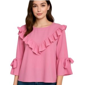 Zara Pink Bouse With Ruffles. 3/4 sleeves with ties, cropped sz S,